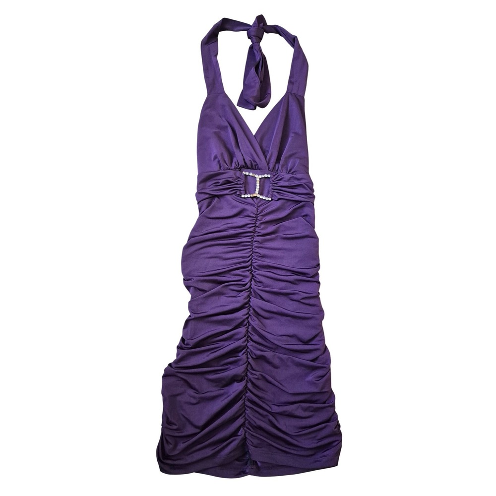 VTG Shelly‎ Purple Ruched Halter Mini Dress Size S Buckle Bodycon Clubwear